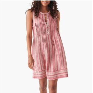 Faherty Small Linen Blend Pintuck Dress, Jewel Neck Sleeveless, Lightweight